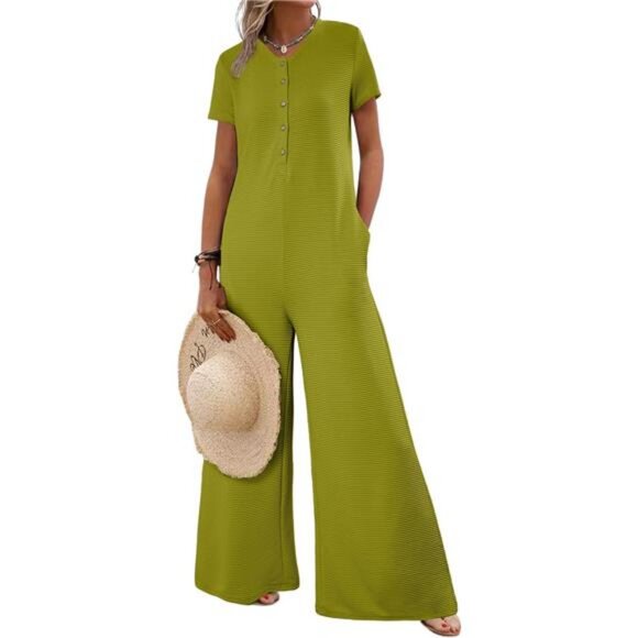 BLENCOT Casual Striped Short Sleeve Jumpsuits Rib Knit Wide Leg Romper Comfy - Picture 1 of 5